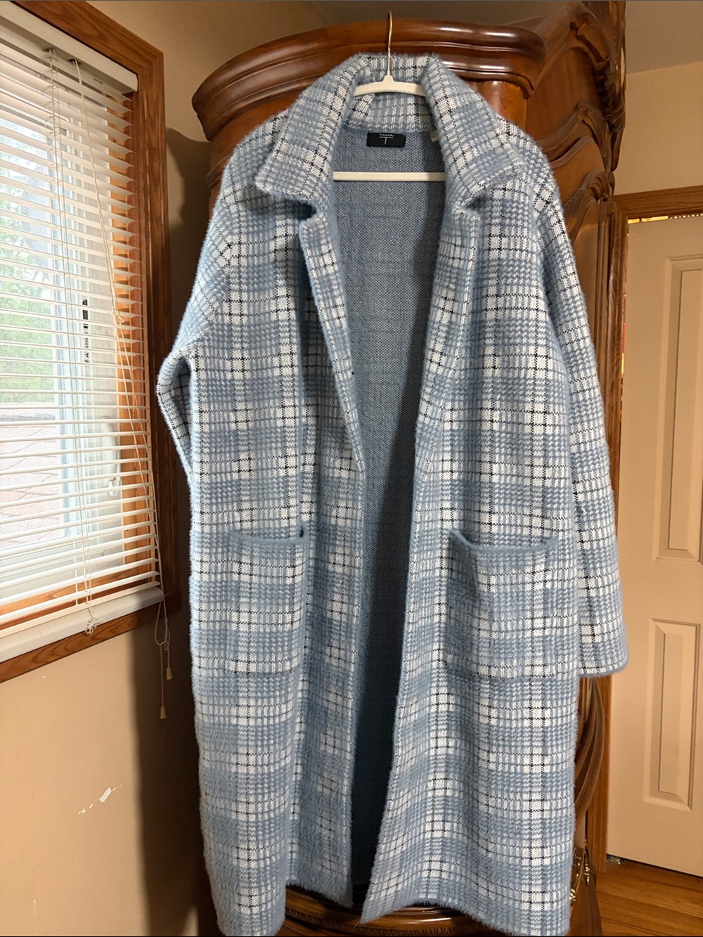 T Tahari Light Blue Plaid Open Front Long Pea Coat